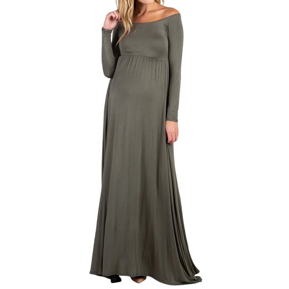 PinkBlush Solid Off Shoulder Maternity Maxi Dress in Olive Green, Size L